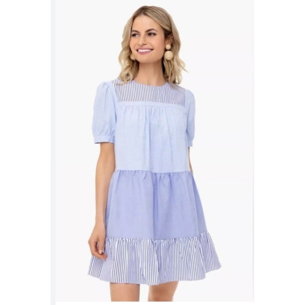 Pomander Place Mini Dress XS Blue Striped Tiered Puff Sleeve Babydoll Coastal